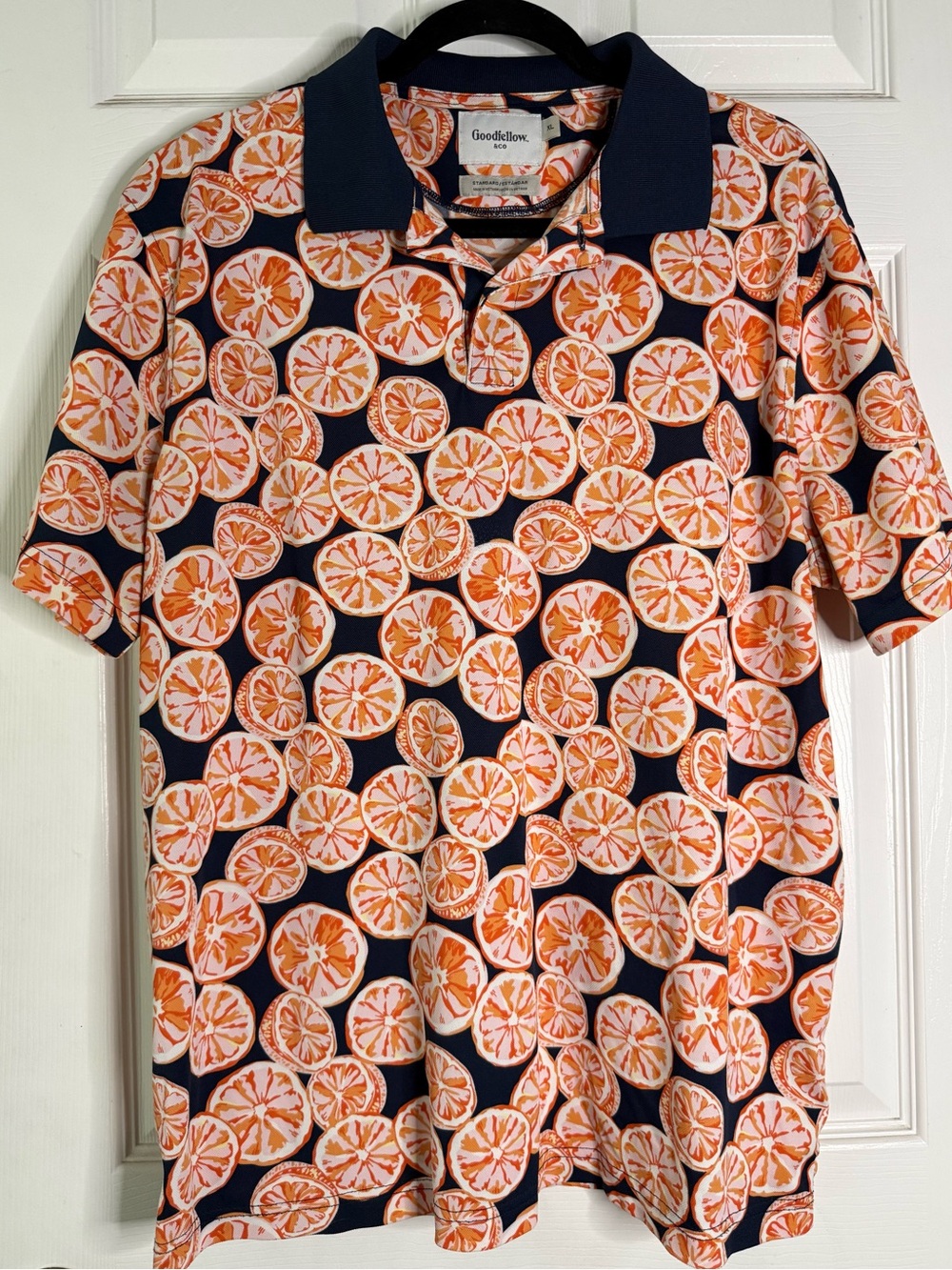 Polo men’s XL Orange Citrus Print Navy beachy fun colorful shirt sleeve
